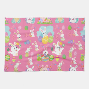 Happy Easter day- Pattern Funny Bunny And Eggs Tea Towel