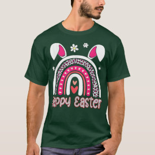 Happy Easter Day Pink Leopard Rainbow With Bunny T-Shirt