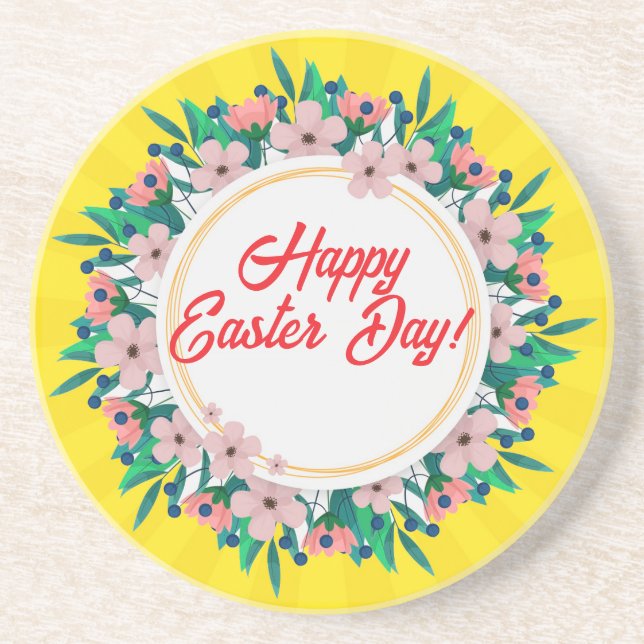 Happy Easter Day With Floral Frame-23046 Coaster (Front)