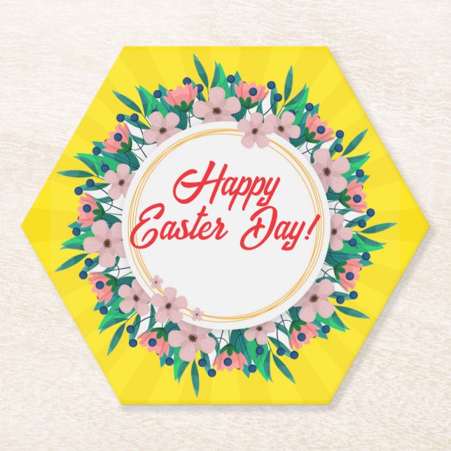 Happy Easter Day With Floral Frame-23046 Paper Coaster (Front)