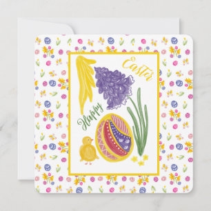 Happy Easter decorated egg, chicken and sun Announcement