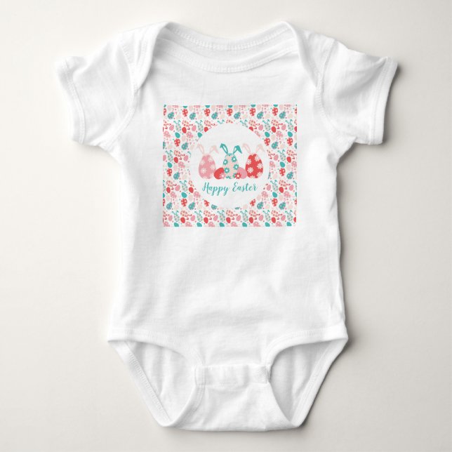 Happy Easter Decorated Eggs Bunny Ears Baby Bodysuit (Front)