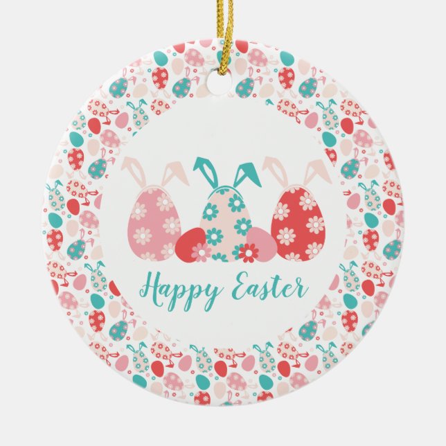 Happy Easter Decorated Eggs Bunny Ears Ceramic Tree Decoration (Front)