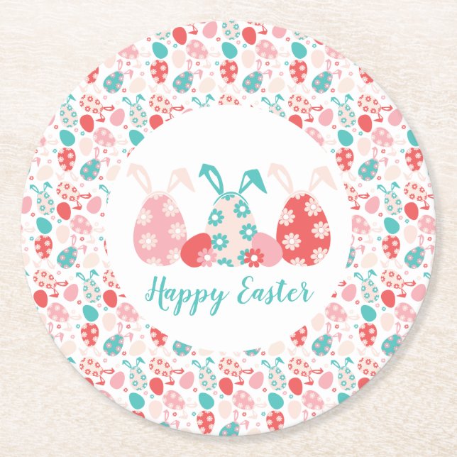 Happy Easter Decorated Eggs Bunny Ears Round Paper Coaster (Front)