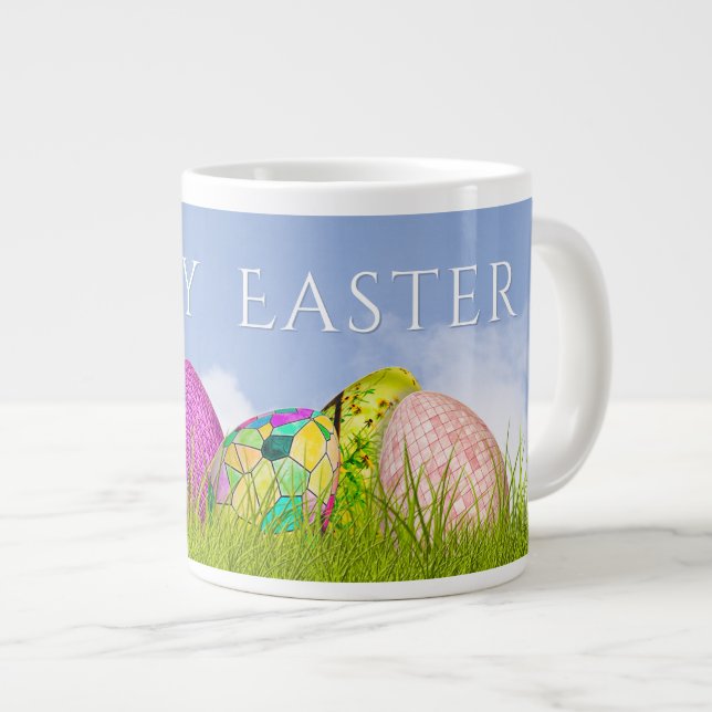Happy Easter Decorated Eggs Photography Blue Sky Large Coffee Mug (Front Right)