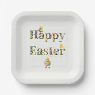 Happy Easter Decorative text Baby Chics Paper Plate