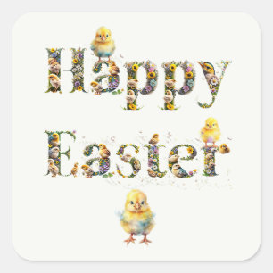 Happy Easter Decorative text Baby Chics Square Sticker