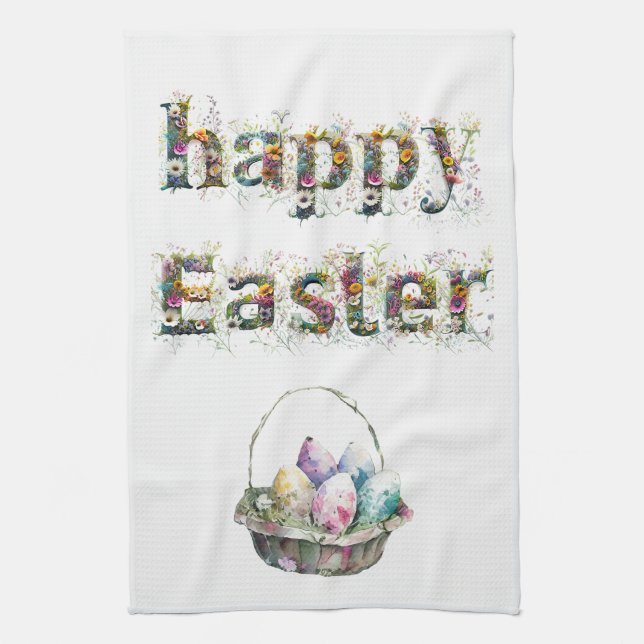 Happy Easter Decorative Wildflower text Tea Towel (Vertical)