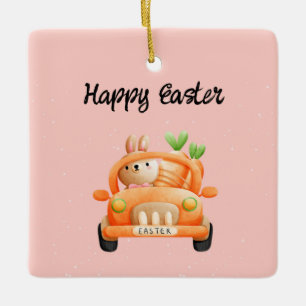 Happy Easter driver bunny on pink Ceramic Ornament