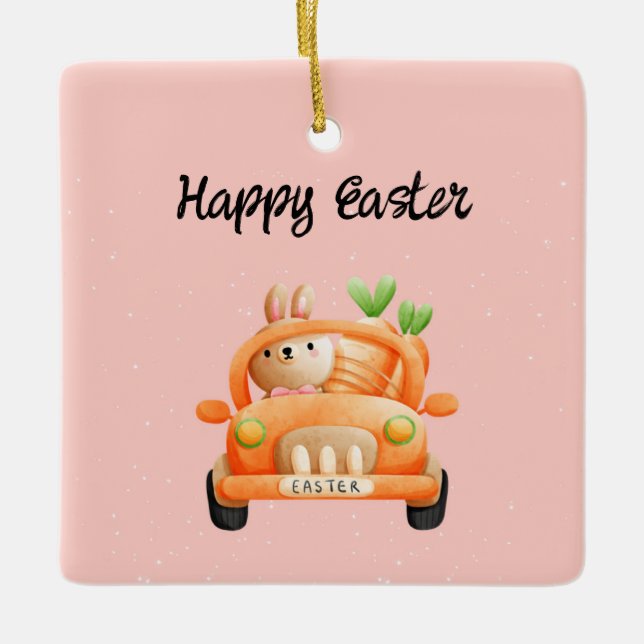 Happy Easter driver bunny on pink Ceramic Ornament (Front)