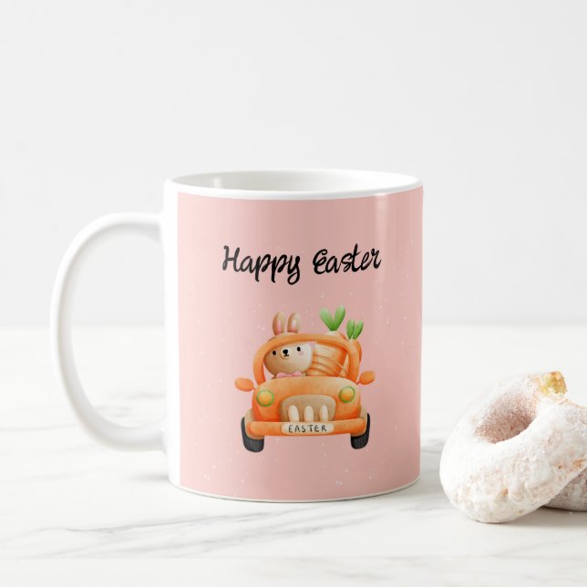 Happy Easter driver bunny on pink Coffee Mug (With Donut)