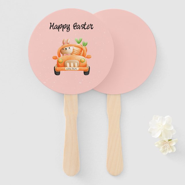 Happy Easter driver bunny on pink Hand Fan (Front and Back)
