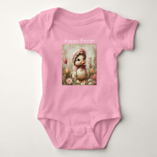 Happy Easter Duckling Pink Bonnet Tulips Daisies Baby Bodysuit