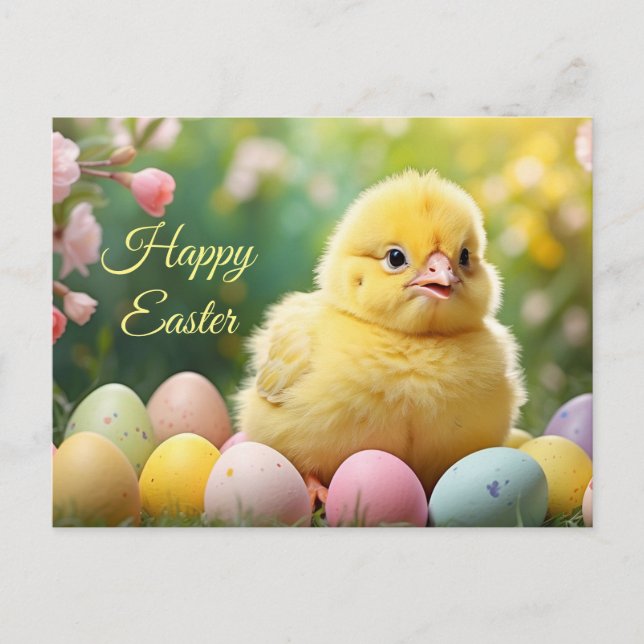 Happy Easter Easter Baby Chick with Painted Eggs  Holiday Postcard (Front)