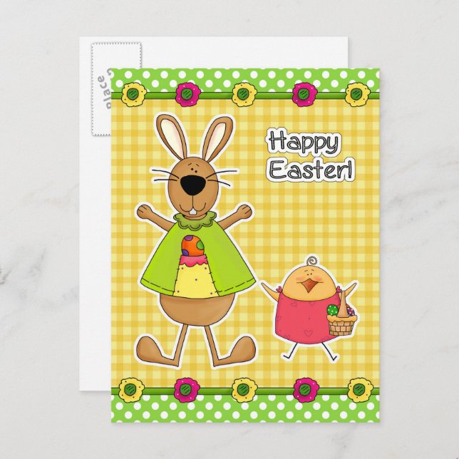 Happy Easter.Easter Bunny and Chick Postcards (Front/Back)