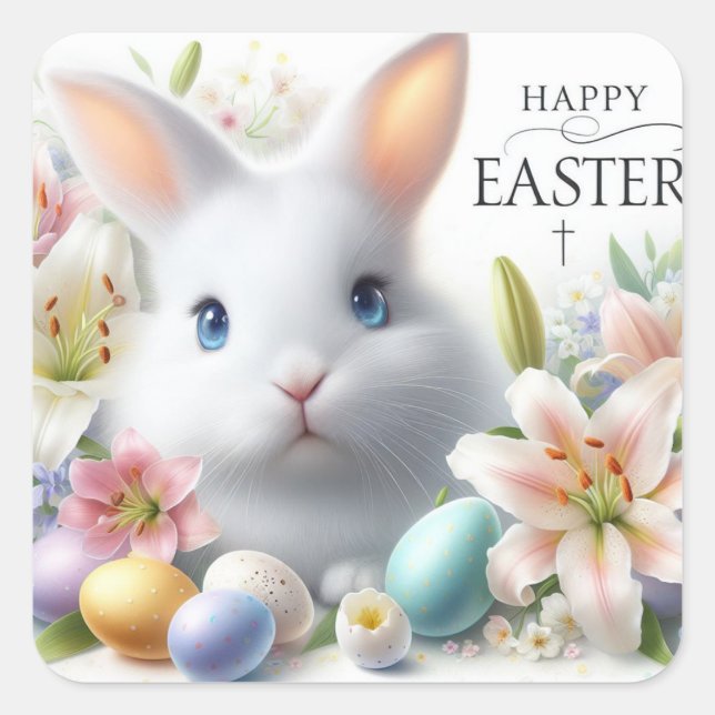 Happy Easter, Easter Bunny, Eggs and Flowers Square Sticker (Front)