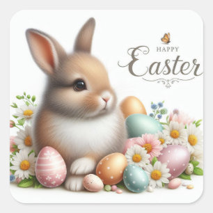 Happy Easter, Easter Bunny, Eggs and Flowers Square Sticker