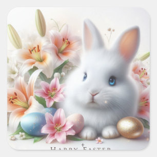 Happy Easter, Easter Bunny, Eggs and Flowers Square Sticker