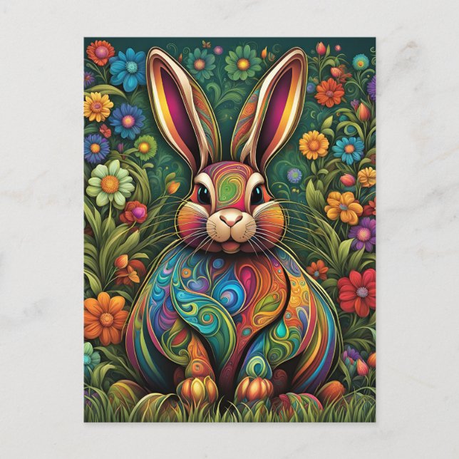 Happy Easter - Easter Bunny in Flowers Holiday Postcard (Front)