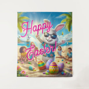 Happy Easter Easter Bunny on Beach Tapestry