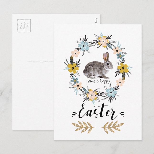Happy Easter. Easter Bunny & Spring Flowers Holiday Postcard (Front/Back)