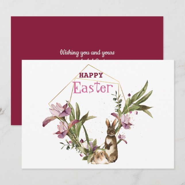 Happy Easter | Easter Bunny Violet Magnolia Wreath Holiday Card (Front/Back)