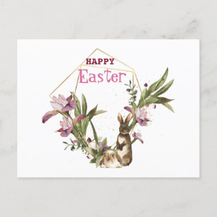 Happy Easter   Easter Bunny Violet Magnolia Wreath Holiday Postcard