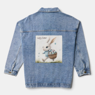 Happy easter, easter bunny walking with eggs   denim jacket