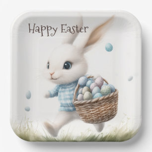 Happy easter, easter bunny walking with eggs   paper plate