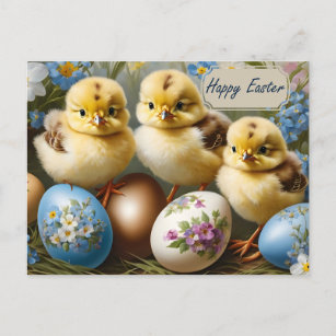 Happy Easter Easter Chicken with Floral Eggs Holiday Postcard