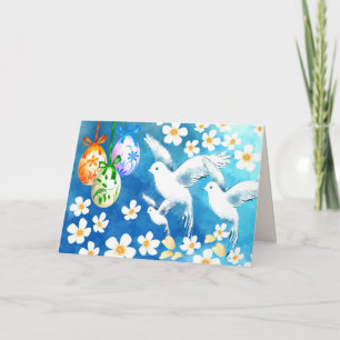 Happy Easter. Easter Eggs and Doves Painting Holiday Card