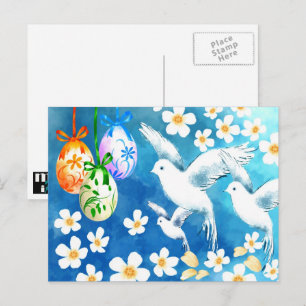 Happy Easter. Easter Eggs and Peace Doves Painting Holiday Postcard
