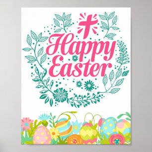 Happy Easter Easter Eggs Wishes Beautiful Flowers Poster