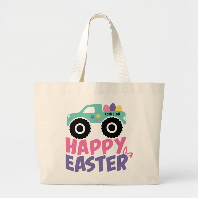 Happy Easter Egg Girly Truck Modern Name Large Tote Bag (Front)