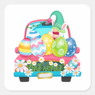 Happy Easter Egg Gnomes Bunny Truck Square Sticker