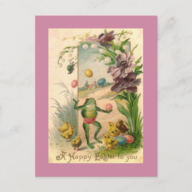 HAPPY EASTER EGG JUGGLING FROG WITH CHICKS HOLIDAY POSTCARD (Front)
