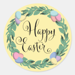 Happy Easter Egg Wreath Botanical Foliage Classic Round Sticker