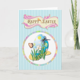 Happy Easter Eggs and Butterflies on Blue Stripes Holiday Card