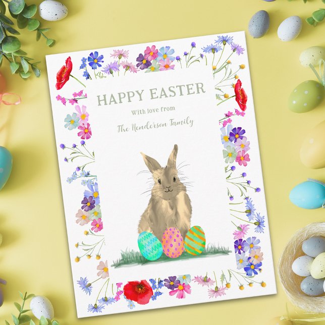 Happy Easter Eggs and Cute Bunny Floral Holiday Card (Personalized happy easter cute bunny watercolor wildflower meadow floral holiday greetings card)