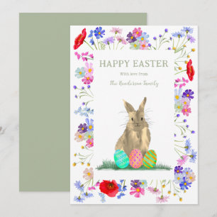 Happy Easter Eggs and Cute Bunny Floral Holiday Card