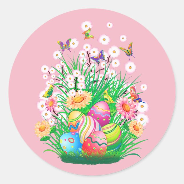 Happy Easter Eggs and Floral design Classic Round Sticker (Front)
