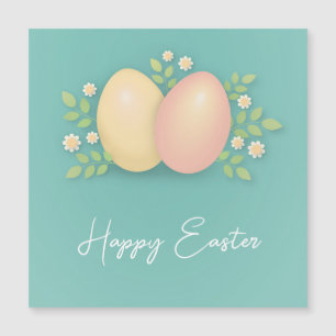 Happy Easter eggs and flowers soft blue 
