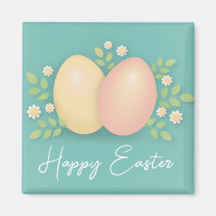Happy Easter eggs and flowers soft blue pink Magnet