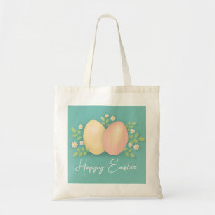 Happy Easter eggs and flowers soft blue Tote Bag