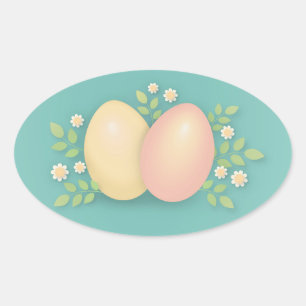 Happy Easter eggs and flowers soft pink yellow Oval Sticker