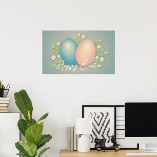 Happy Easter eggs and spring flowers baby blue Poster