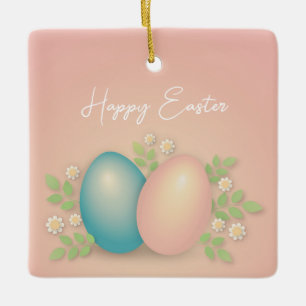 Happy easter eggs and spring flowers ceramic ornament