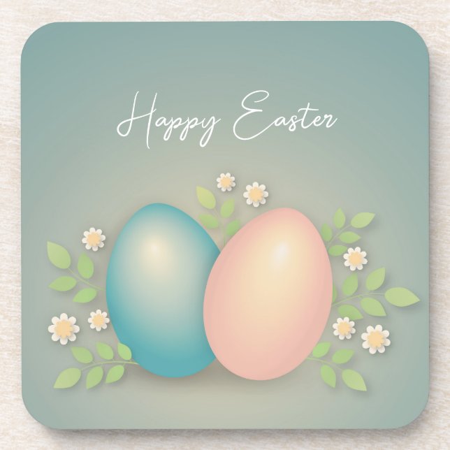 Happy Easter eggs and spring flowers soft blue Coaster (Front)