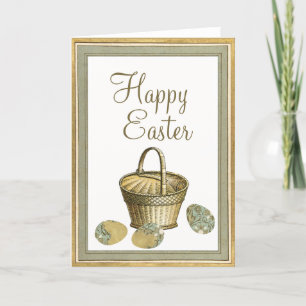 Happy Easter Eggs Basket Vintage Gold Frame  Holiday Card