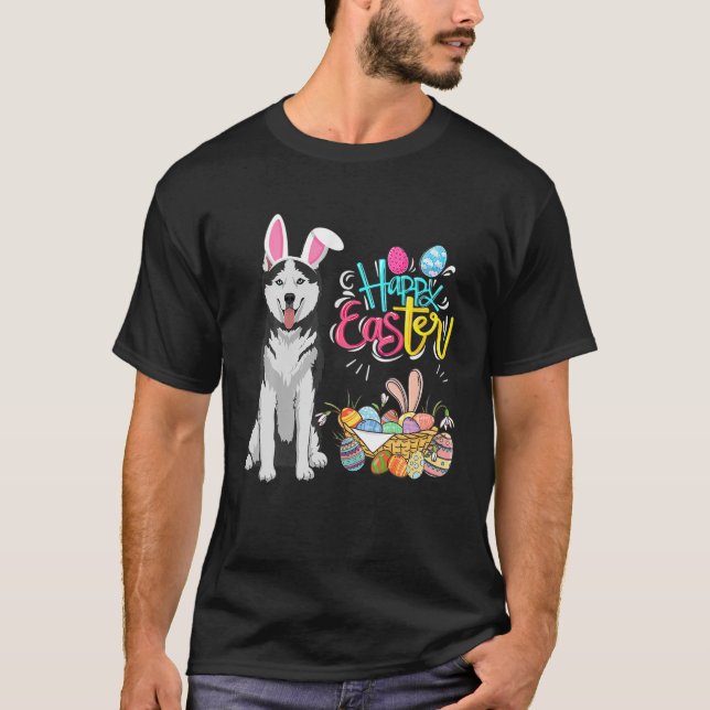 Happy Easter Eggs Bunny Dog Husky Boys Girls T-Shirt (Front)